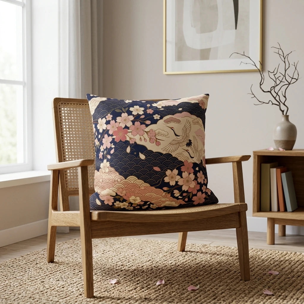 Navy blue Japanese patterned cushion featuring pink sakura and cranes on a rattan chair in a minimalist home interior lifestyle shot.