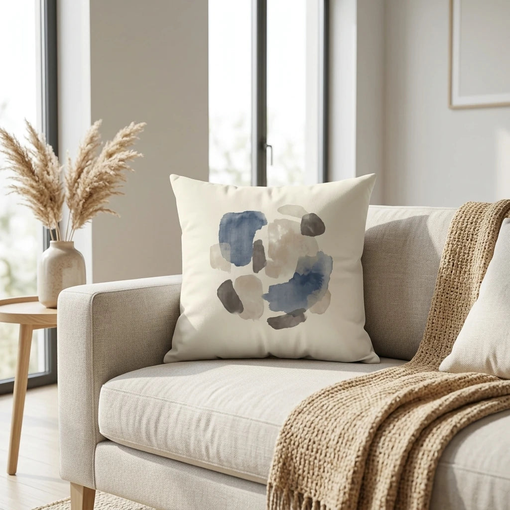Abstract watercolor cushion with blue and beige patterns on a modern sofa in a bright, sunlit living room lifestyle scene with natural decor.