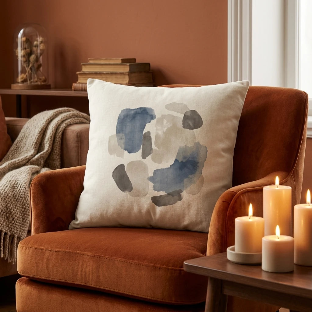 Abstract blue and grey watercolor cushion on a rust velvet armchair in a cozy room with warm lighting and candles.
