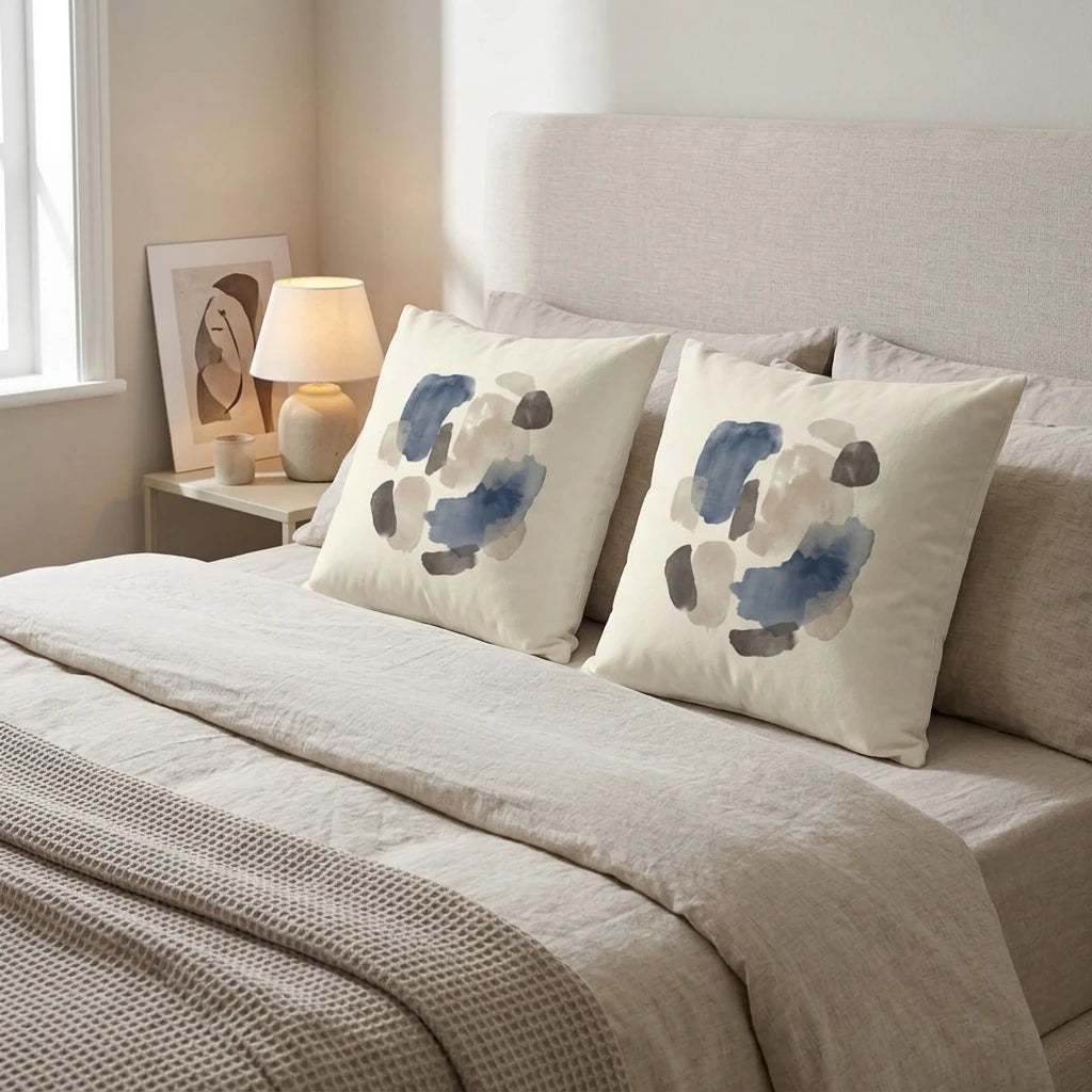 Pair of decorative cushions with blue and beige abstract watercolor patterns on a neutral linen bed in a minimalist bedroom setting.