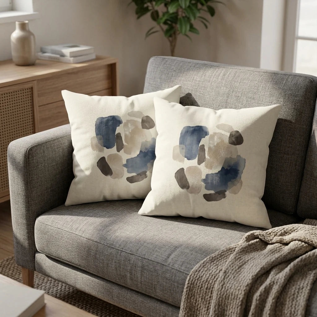 Abstract blue and beige watercolor cushions displayed as a duo on a grey sofa in a light, modern living room with neutral decor.