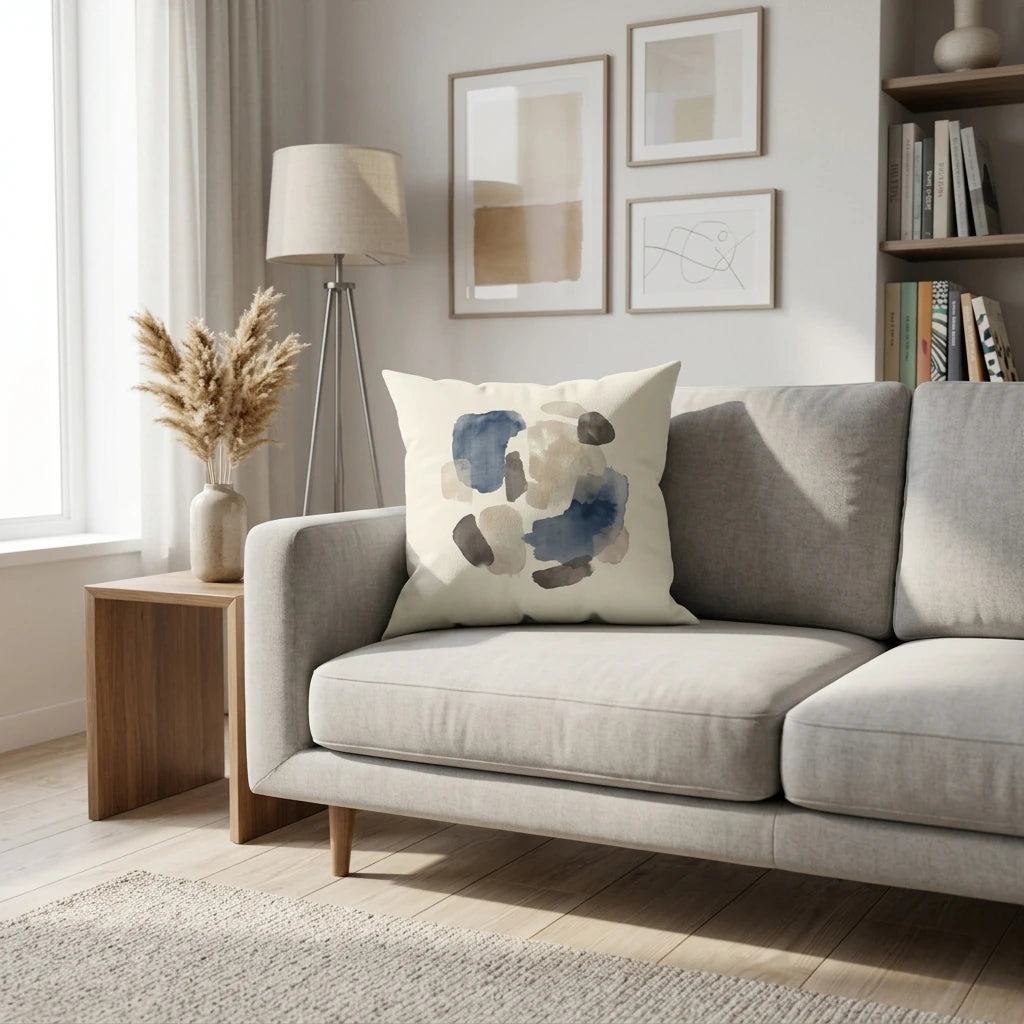 Decorative cream throw pillow with navy and beige abstract watercolor art on a grey sofa in a bright, minimalist modern living room.