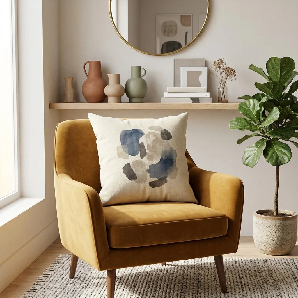 Abstract blue and beige watercolor cushion on a mustard yellow velvet armchair in a modern living room setting with plants and decor.