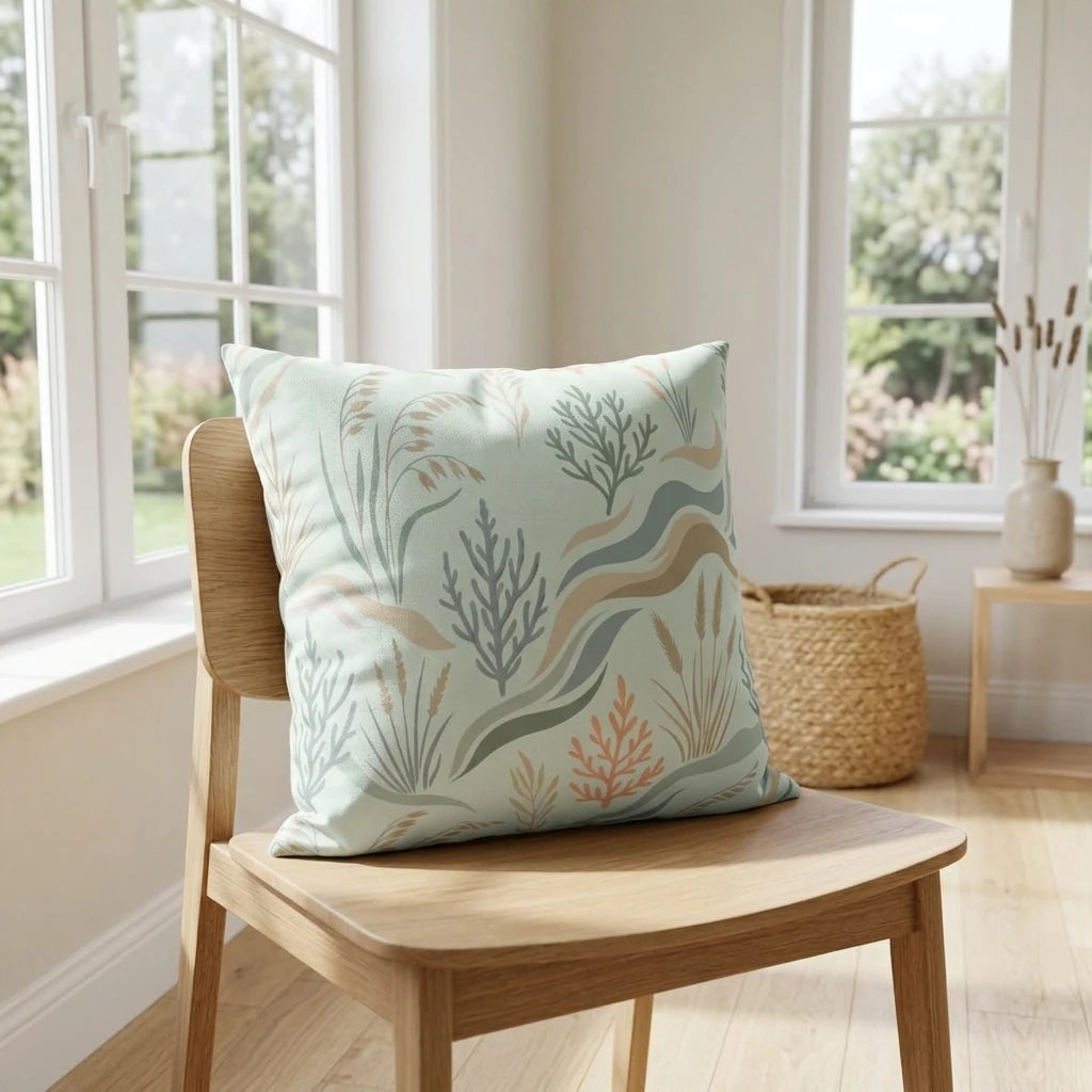 Sage green and beige botanical throw pillow on a light wood chair in a bright, sun-filled room with large windows and minimalist decor.