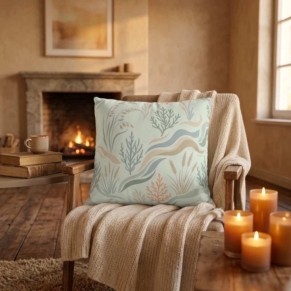 Botanical pattern throw pillow in muted green and tan on a knit chair, set in a cozy room with a warm fireplace and candles.