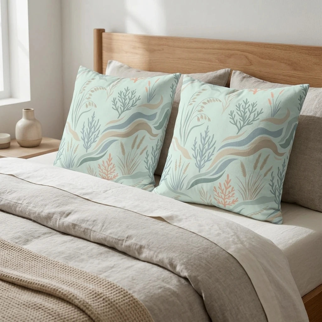 Pair of pillows with an abstract coastal pattern in mint, blue, and coral tones on a modern wooden bed with neutral linen bedding.