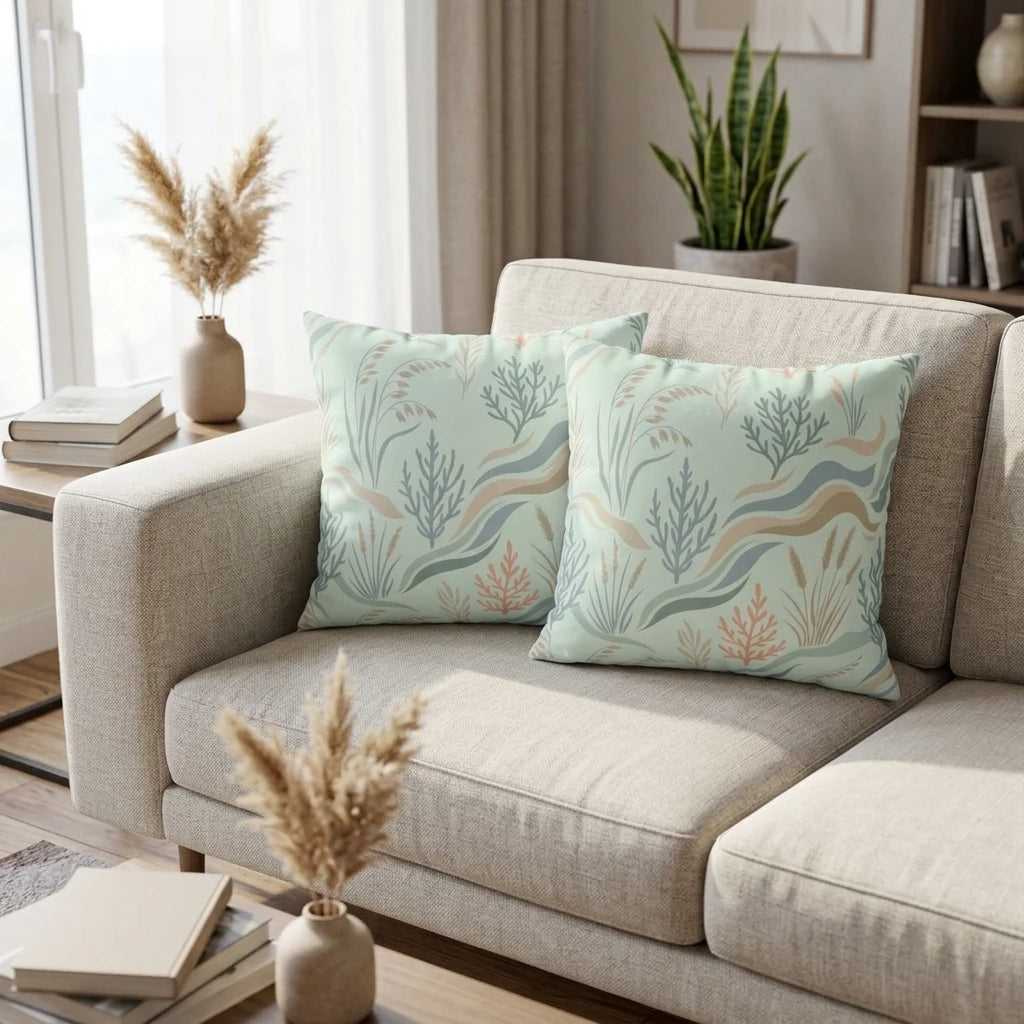 Two mint green decorative pillows with ocean seaweed and coral patterns on a beige sofa in a bright, minimalist living room.