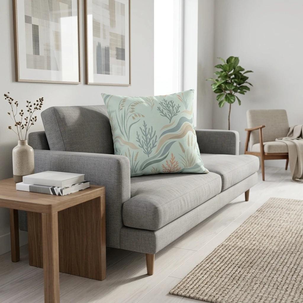 Sage green botanical pattern pillow on a gray sofa in a modern living room setting with minimalist decor and natural wood accents.