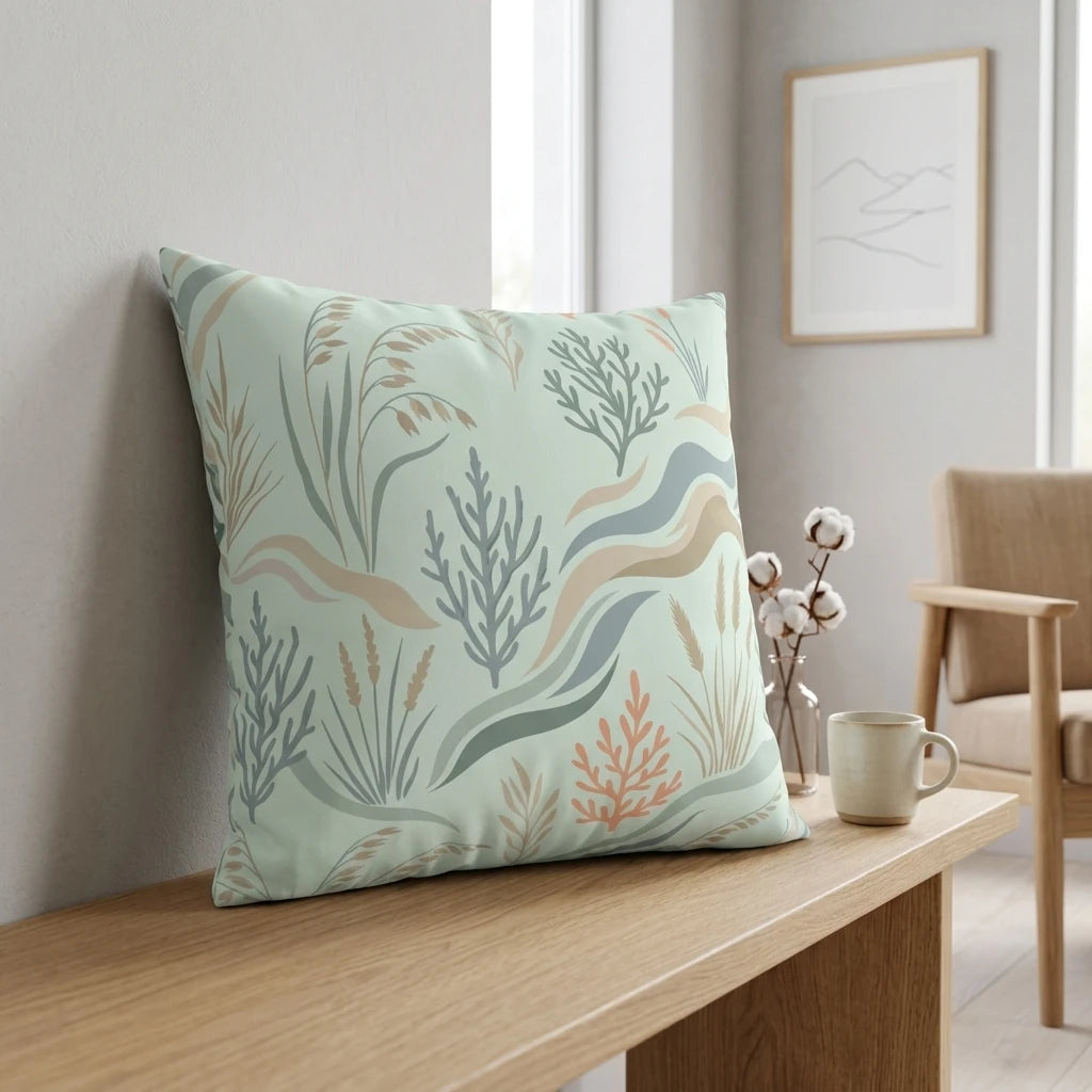 Decorative cushion with a sage green botanical pattern on a wooden bench in a minimalist room with a ceramic mug and cotton flowers.