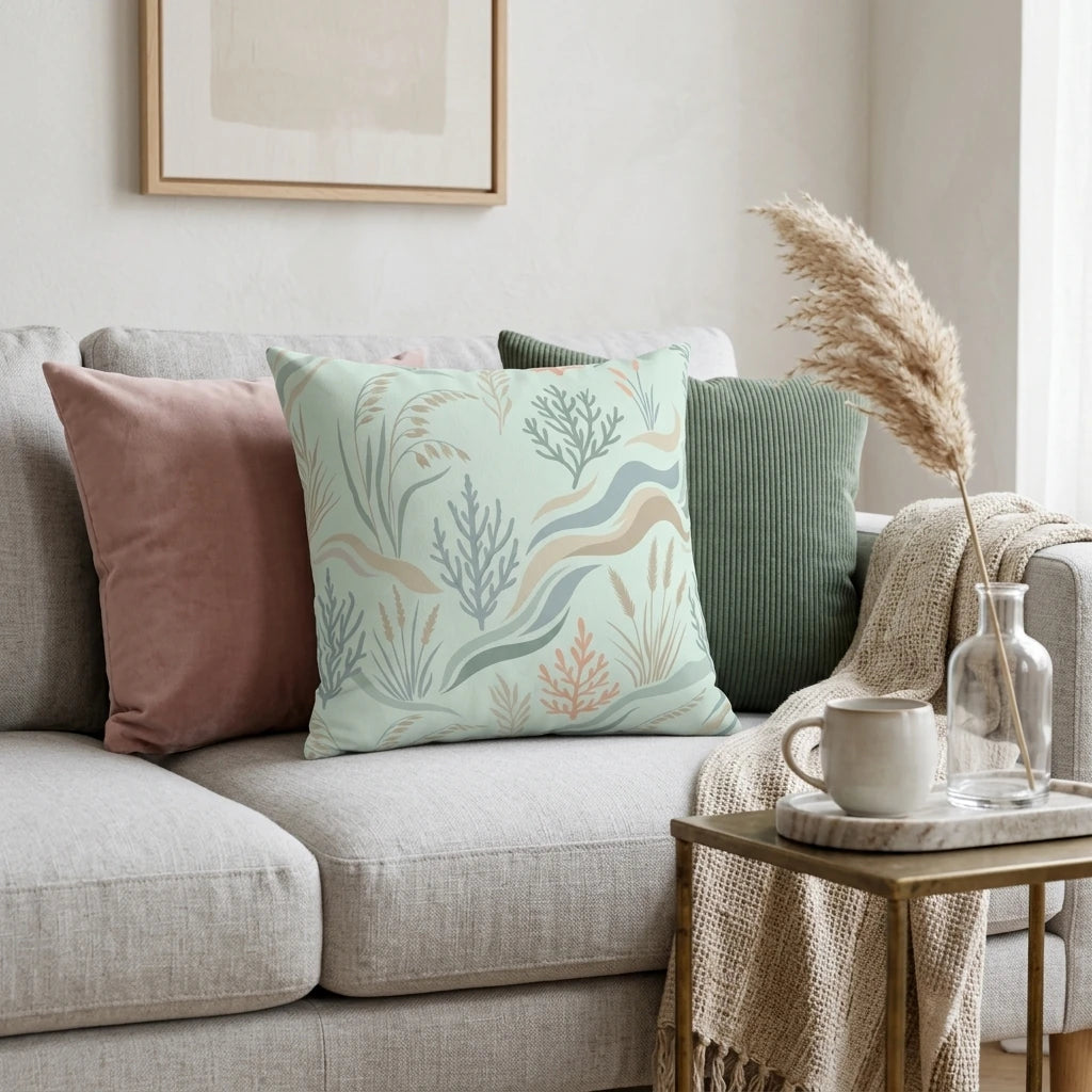 Sage green coastal pattern pillow with coral designs on a gray sofa in a modern, neutral living room lifestyle setting with cozy decor.