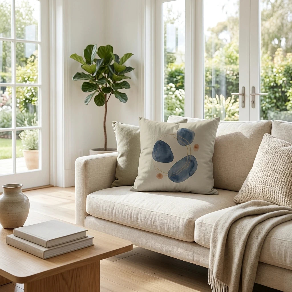 Abstract blue watercolor throw pillow on a beige sofa in a bright, modern living room with a fiddle-leaf fig and wooden coffee table.