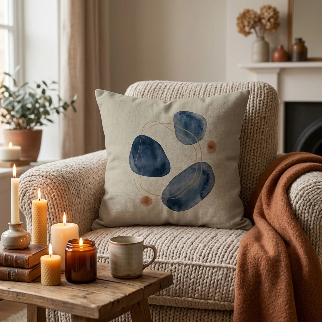 Abstract blue watercolor throw pillow with gold accents on a chunky knit armchair in a cozy home setting with lit candles and a mug.
