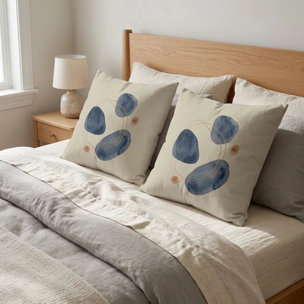 Decorative cushion set with blue abstract watercolor patterns on a cozy bed with neutral linens and a minimalist wooden headboard.
