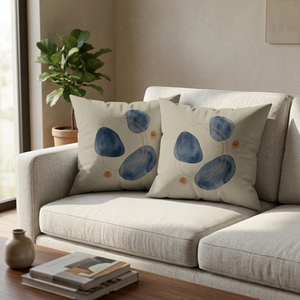 Duo of modern cushions with blue abstract watercolor art on a beige sofa in a bright living room setting with a potted plant and coffee table.