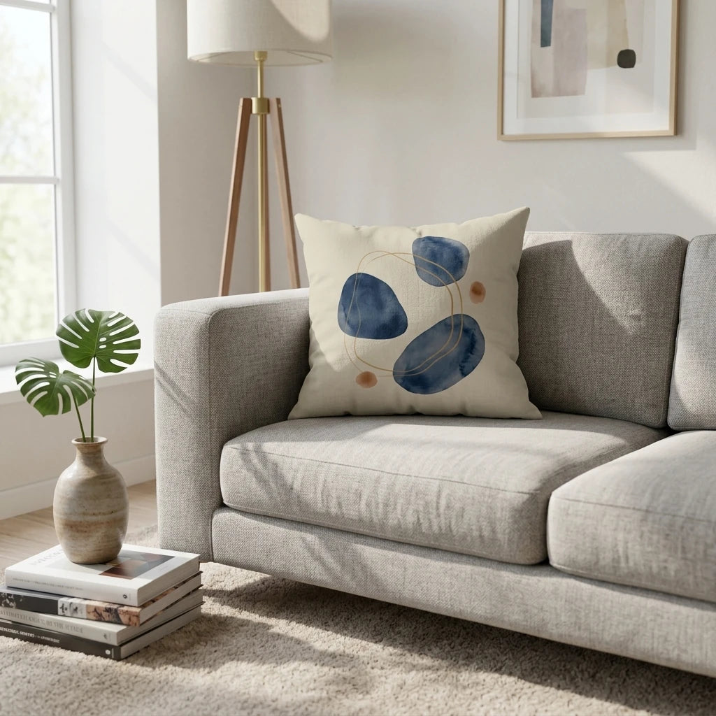 Abstract watercolor throw pillow with blue and orange shapes on a grey sofa in a sunlit modern living room with a floor lamp and monstera plant.