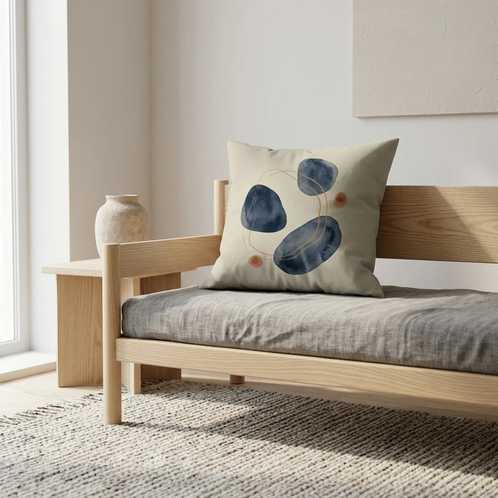 Abstract navy blue and gold decorative pillow on a minimalist light wood sofa in a bright room with a textured rug and neutral decor.