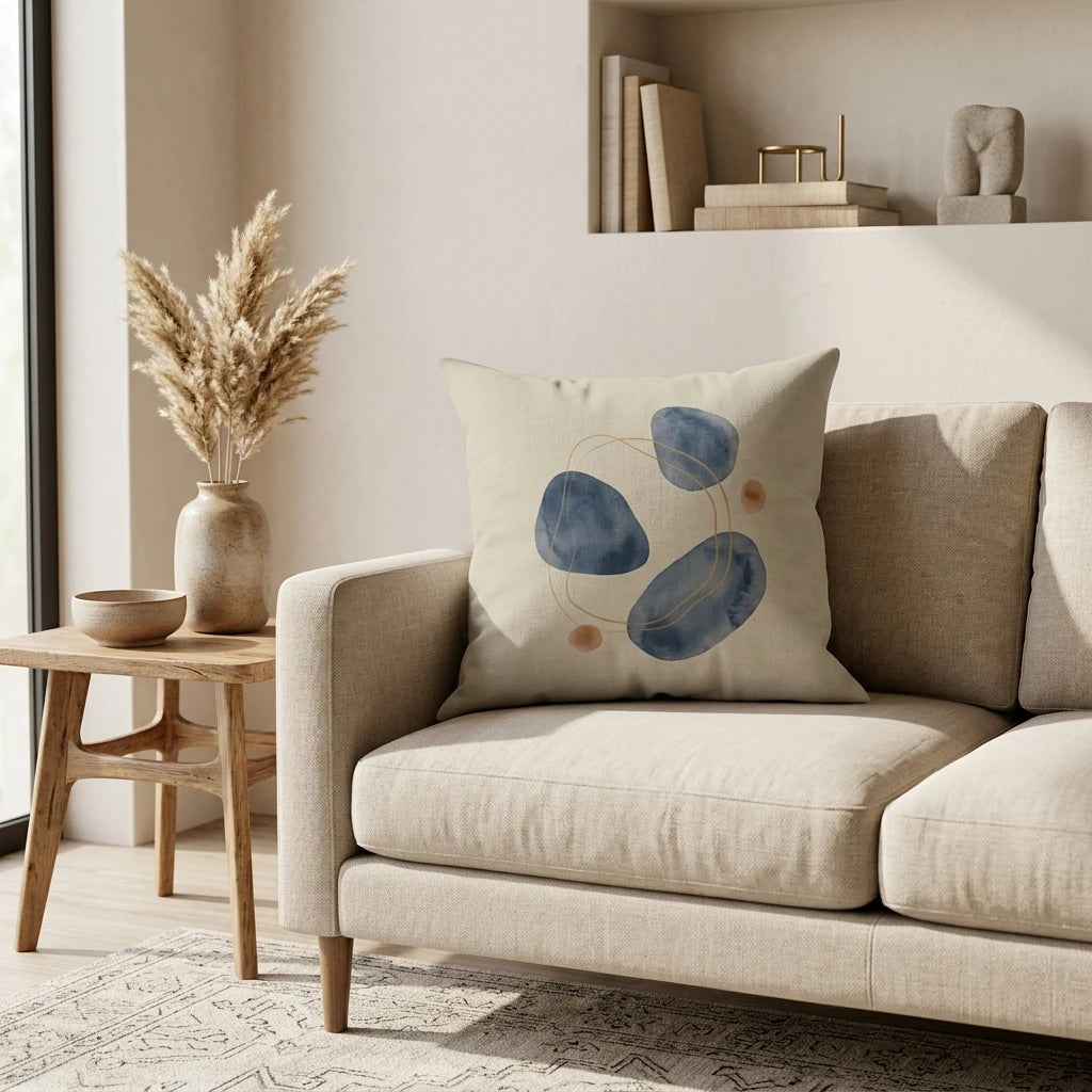 Modern throw pillow with blue abstract art on a beige sofa in a minimalist living room featuring wooden accents and neutral decor.