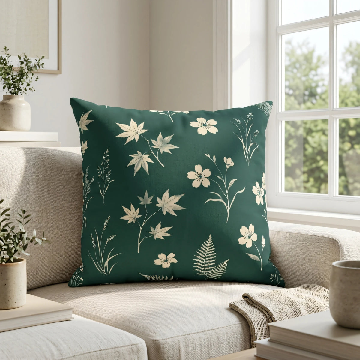 Vintage Herbalist Square Cushion Deep Pine with Cream Hand, lifestyle view.