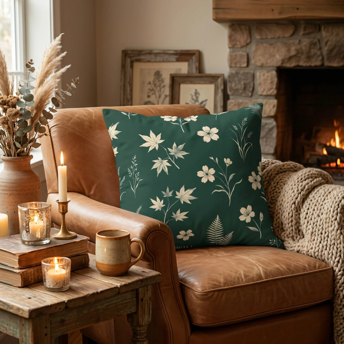 Vintage Herbalist Square Cushion Deep Pine with Cream Hand, lifestyle view.