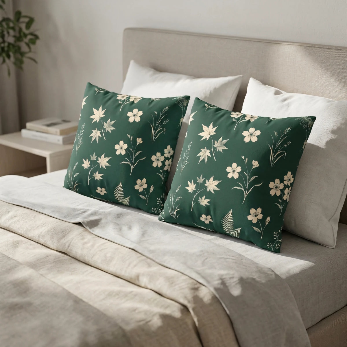 Vintage Herbalist Square Cushion Deep Pine with Cream Hand, lifestyle view.