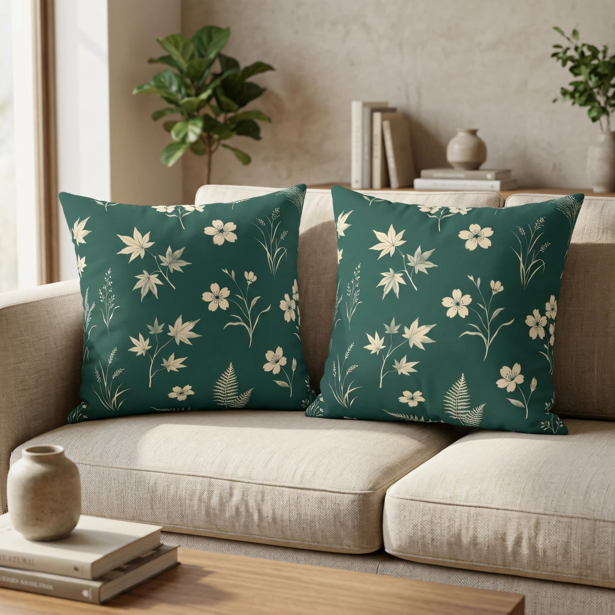 Vintage Herbalist Square Cushion Deep Pine with Cream Hand, lifestyle view.