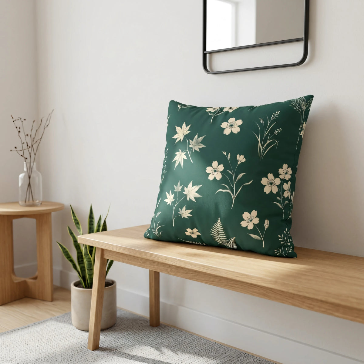 Vintage Herbalist Square Cushion Deep Pine with Cream Hand, lifestyle view.