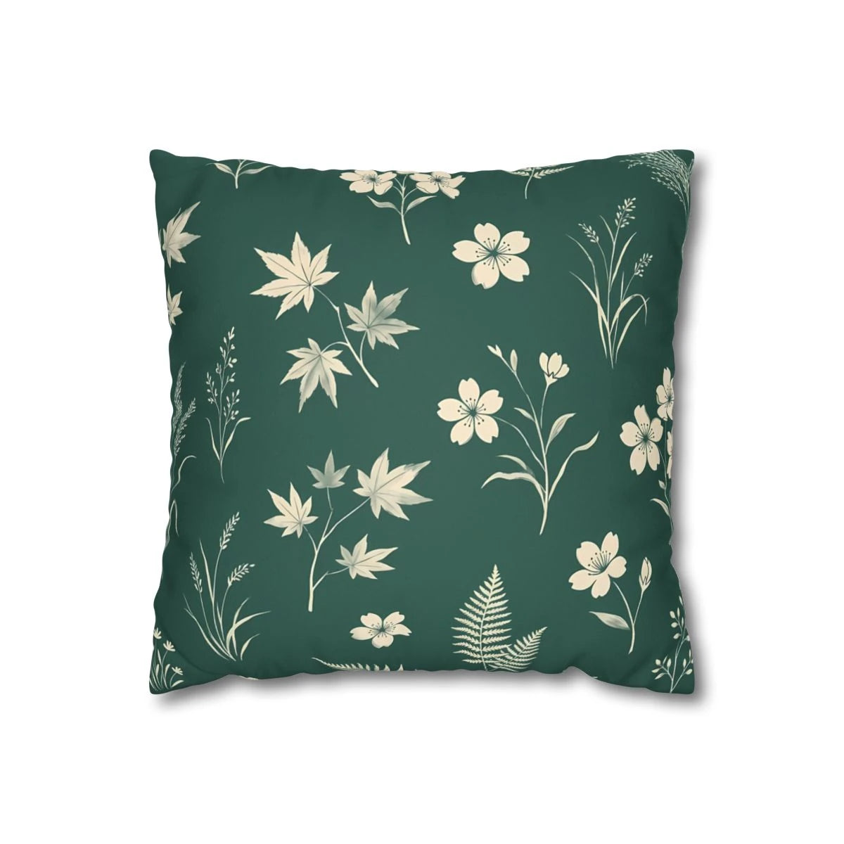 Front view of Vintage Herbalist Square Cushion Deep Pine with Cream Hand on a white background.