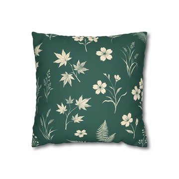 Front view of Vintage Herbalist Square Cushion Deep Pine with Cream Hand on a white background.