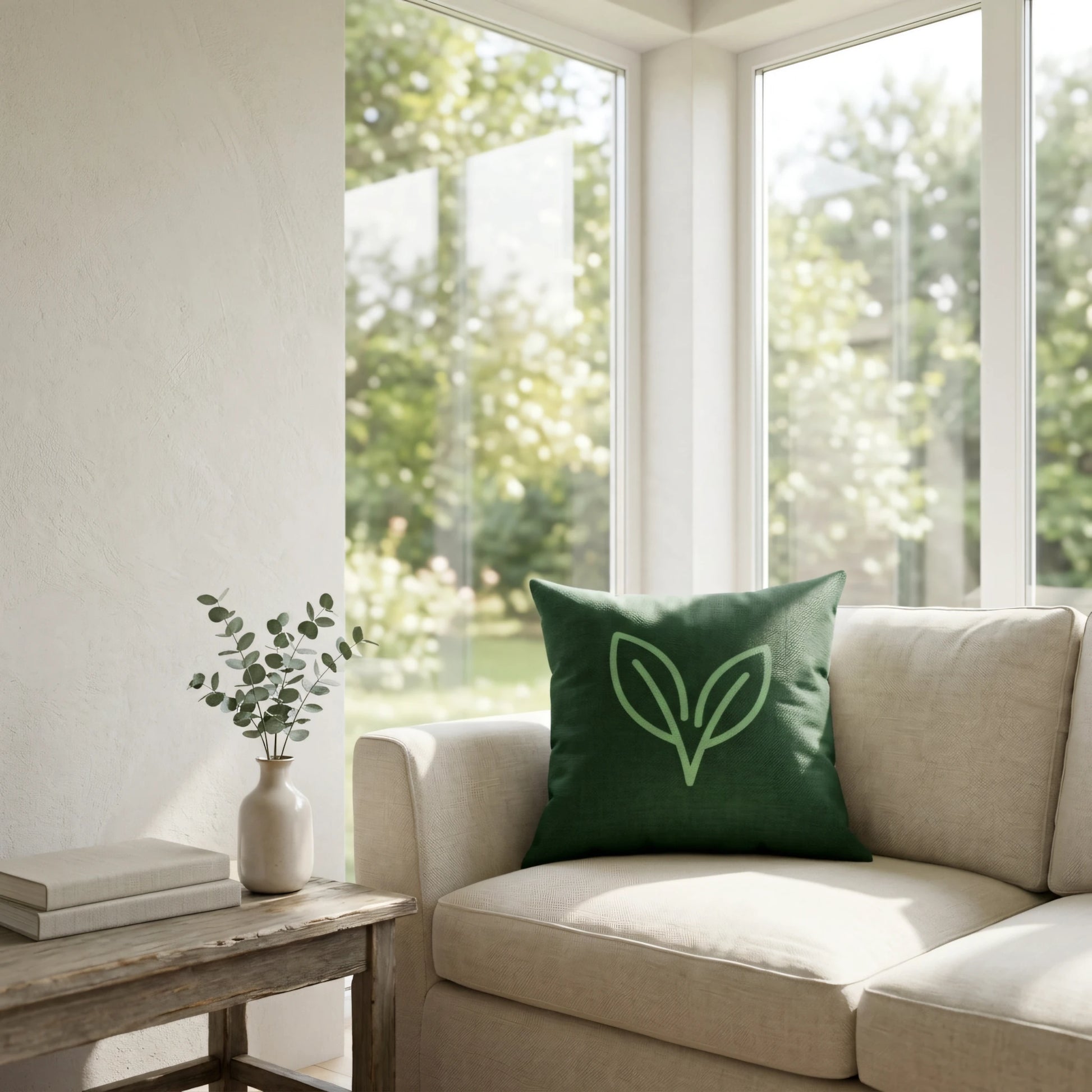 Dark green decorative cushion with a lime green leaf design on a cream sofa in a bright, sunlit living room next to a garden window.