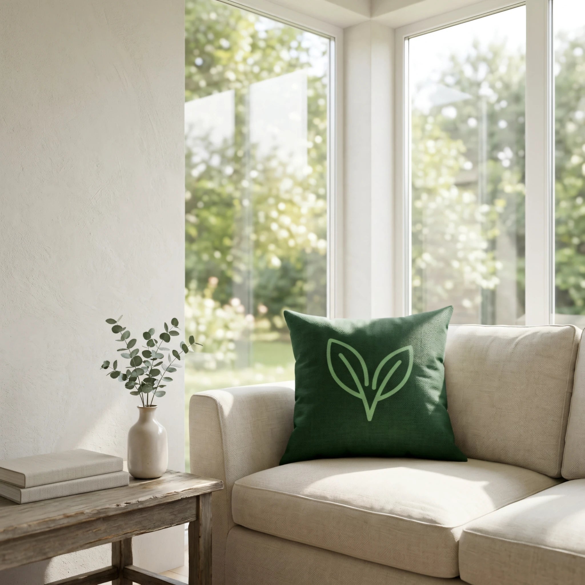 Dark green decorative cushion with a lime green leaf design on a cream sofa in a bright, sunlit living room next to a garden window.