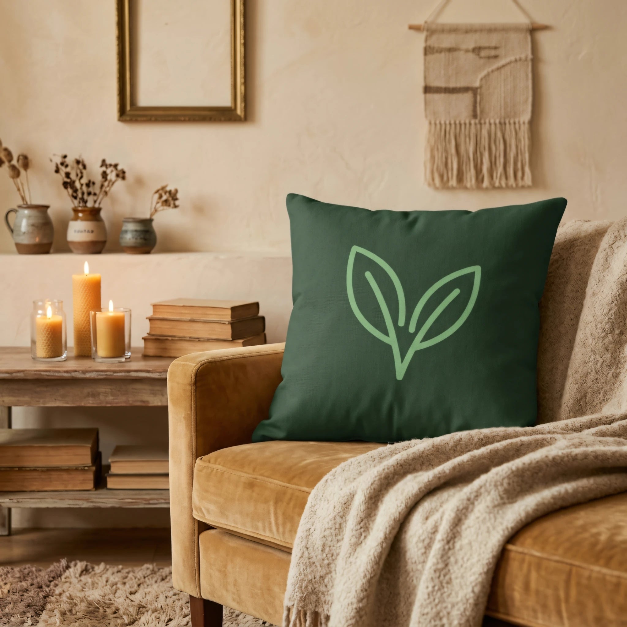Dark green cushion with a light green leaf design on a tan velvet armchair in a cozy living room setting with candles and books.