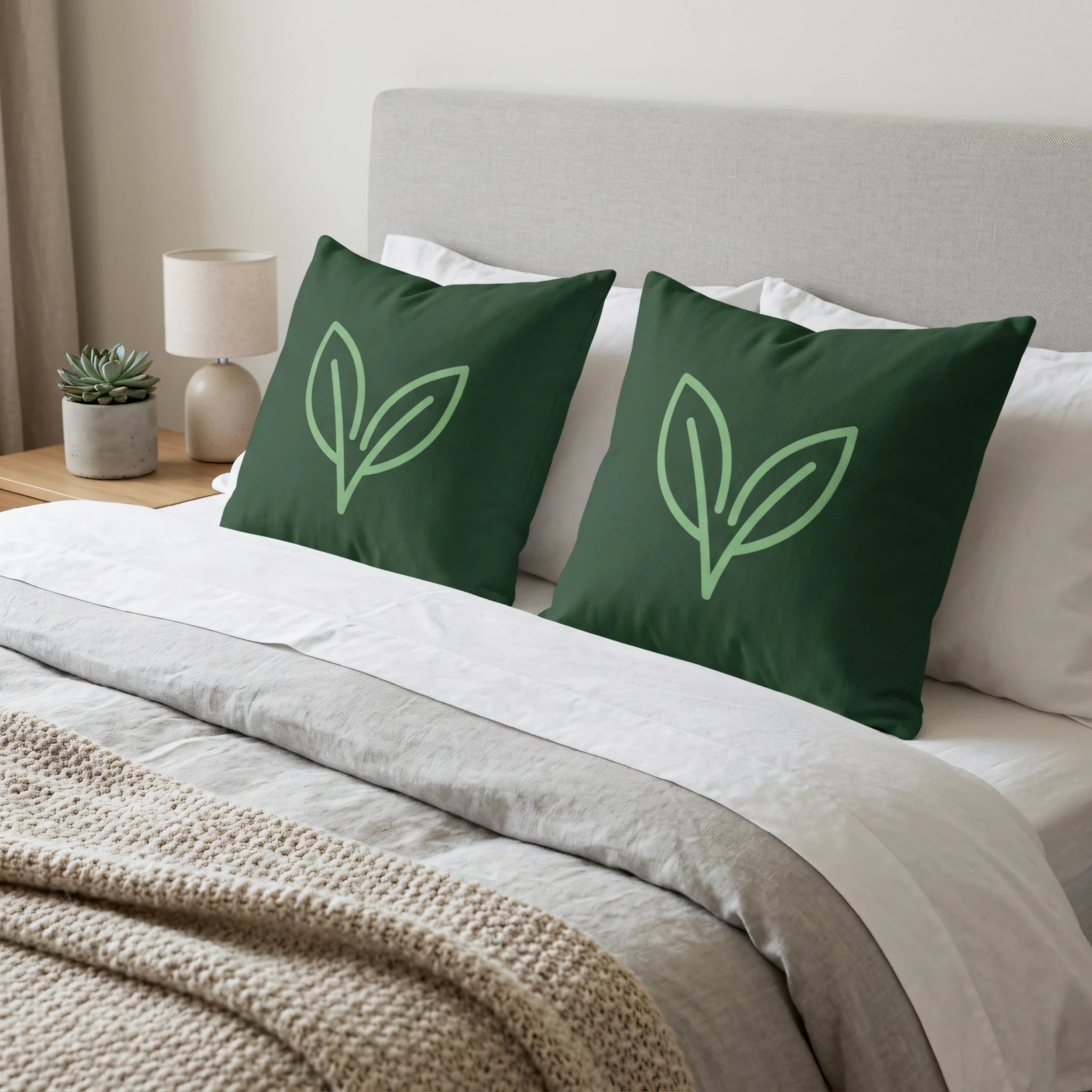 Two dark green pillows with a light green leaf design on a bed with white linens and a beige knit throw in a cozy, neutral-toned bedroom setting.