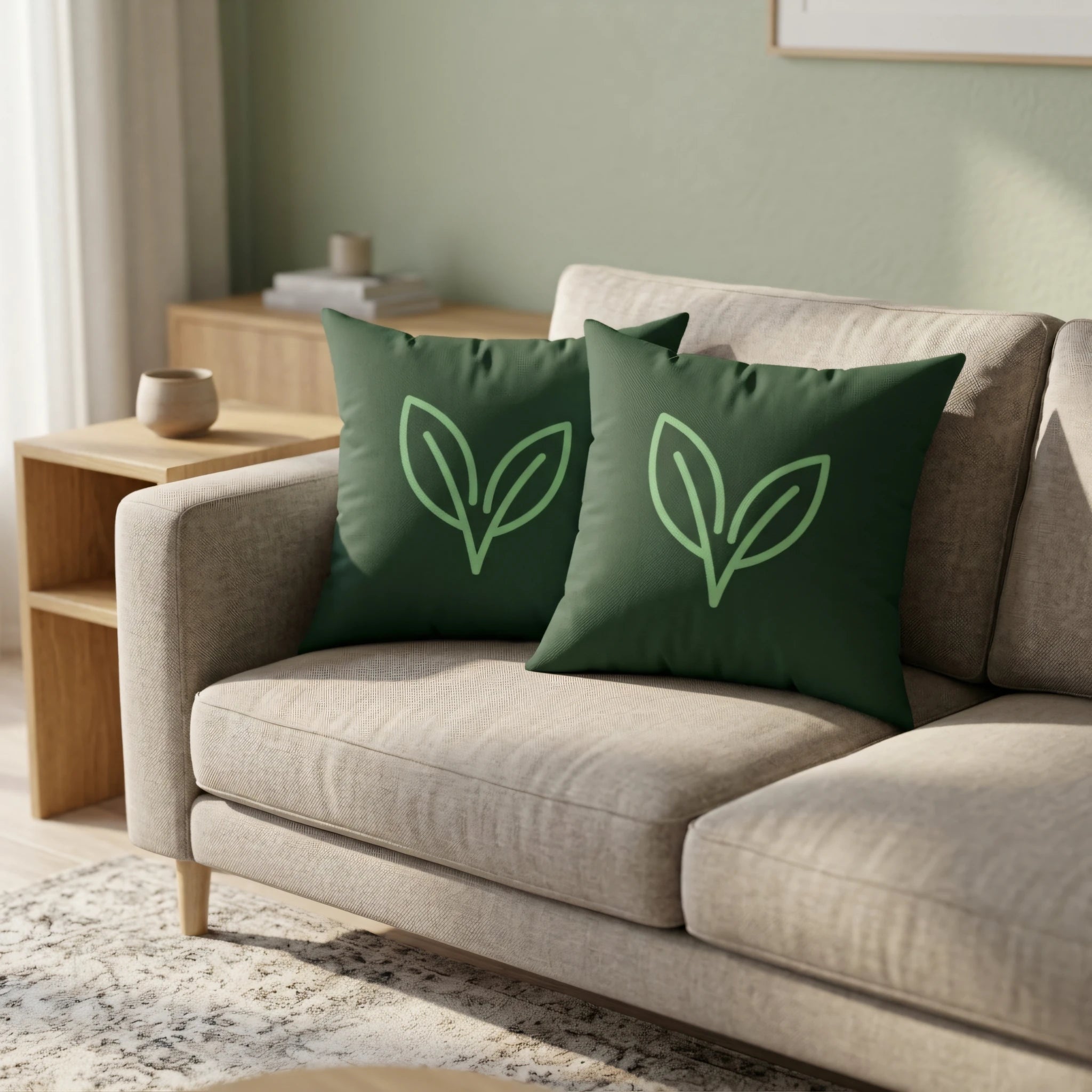 Two dark green decorative pillows with a minimalist leaf design on a beige sofa, set in a cozy modern living room lifestyle scene.
