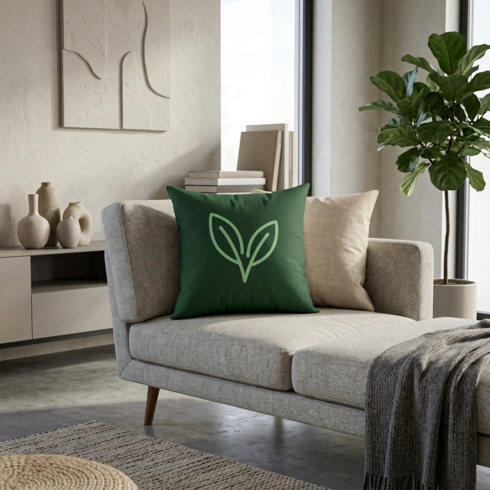 Dark green decorative throw pillow with a leaf icon on a neutral sofa in a modern living room setting with minimalist furniture and a potted plant.