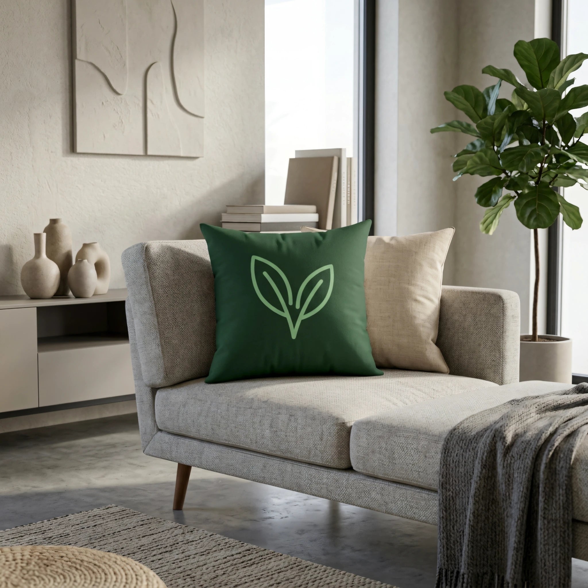 Dark green decorative throw pillow with a leaf icon on a neutral sofa in a modern living room setting with minimalist furniture and a potted plant.