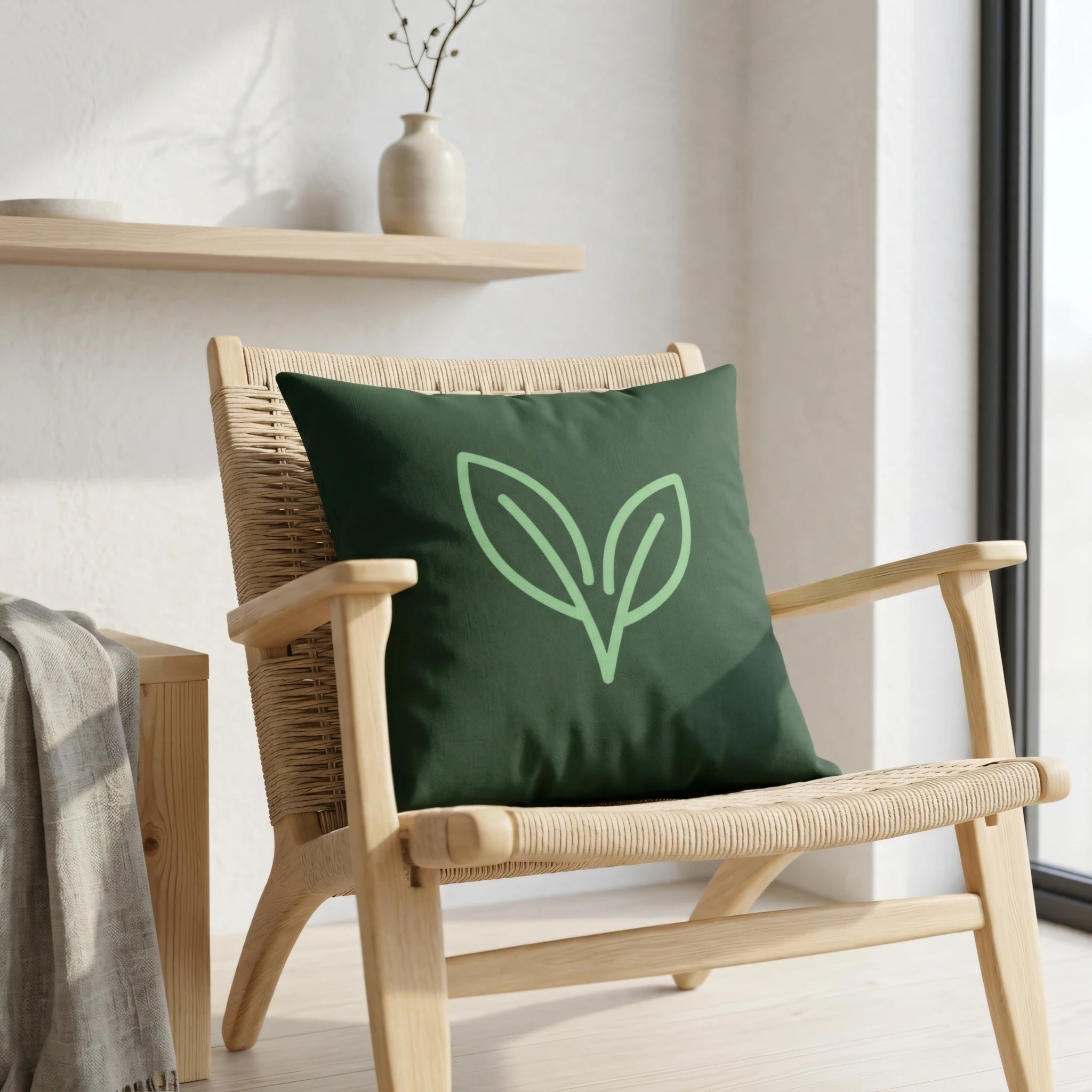 Dark green cushion with a light green leaf sprout design on a woven wooden chair in a bright minimalist room with natural light.