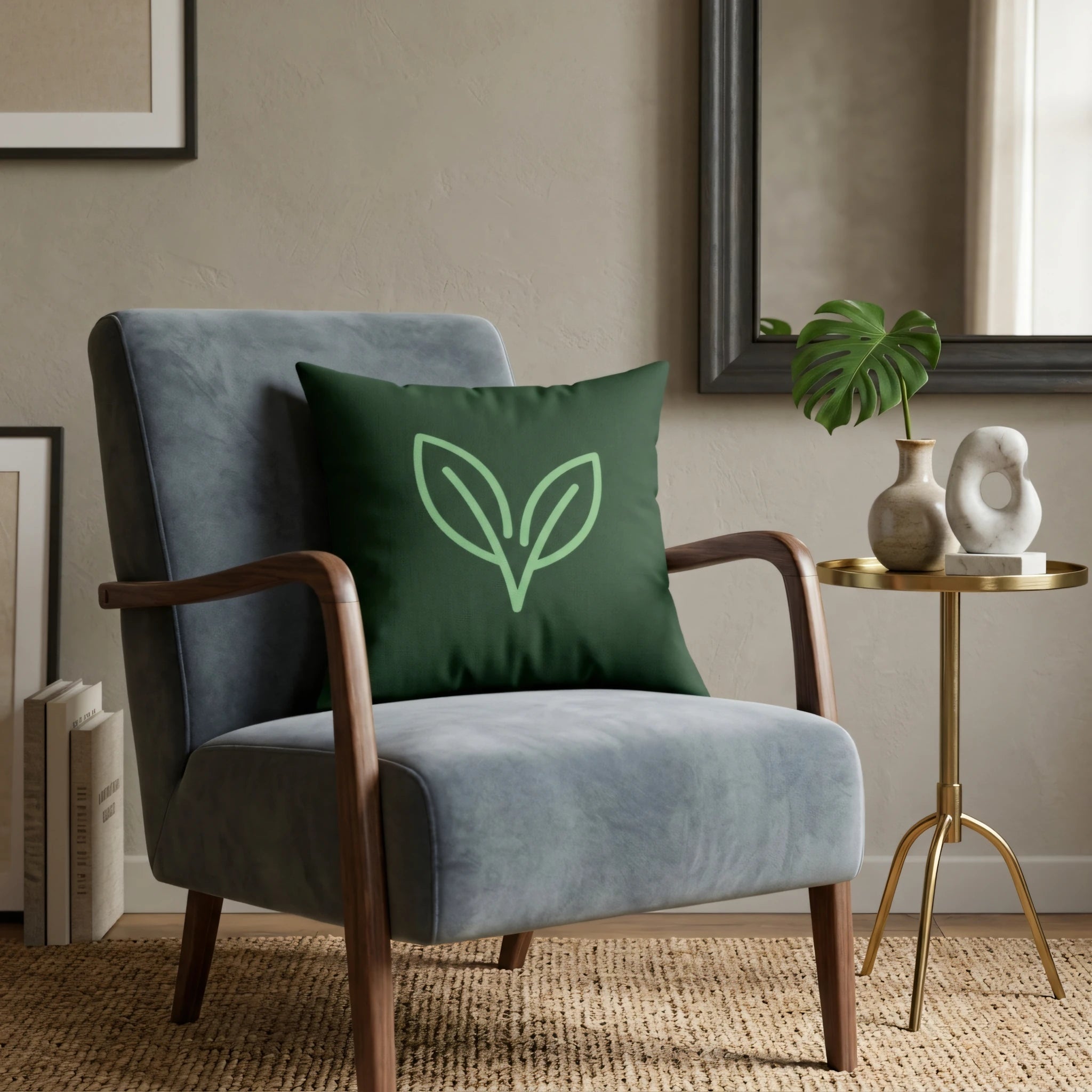 Dark green throw pillow with a minimalist leaf design on a blue velvet armchair in a modern living room lifestyle setting.