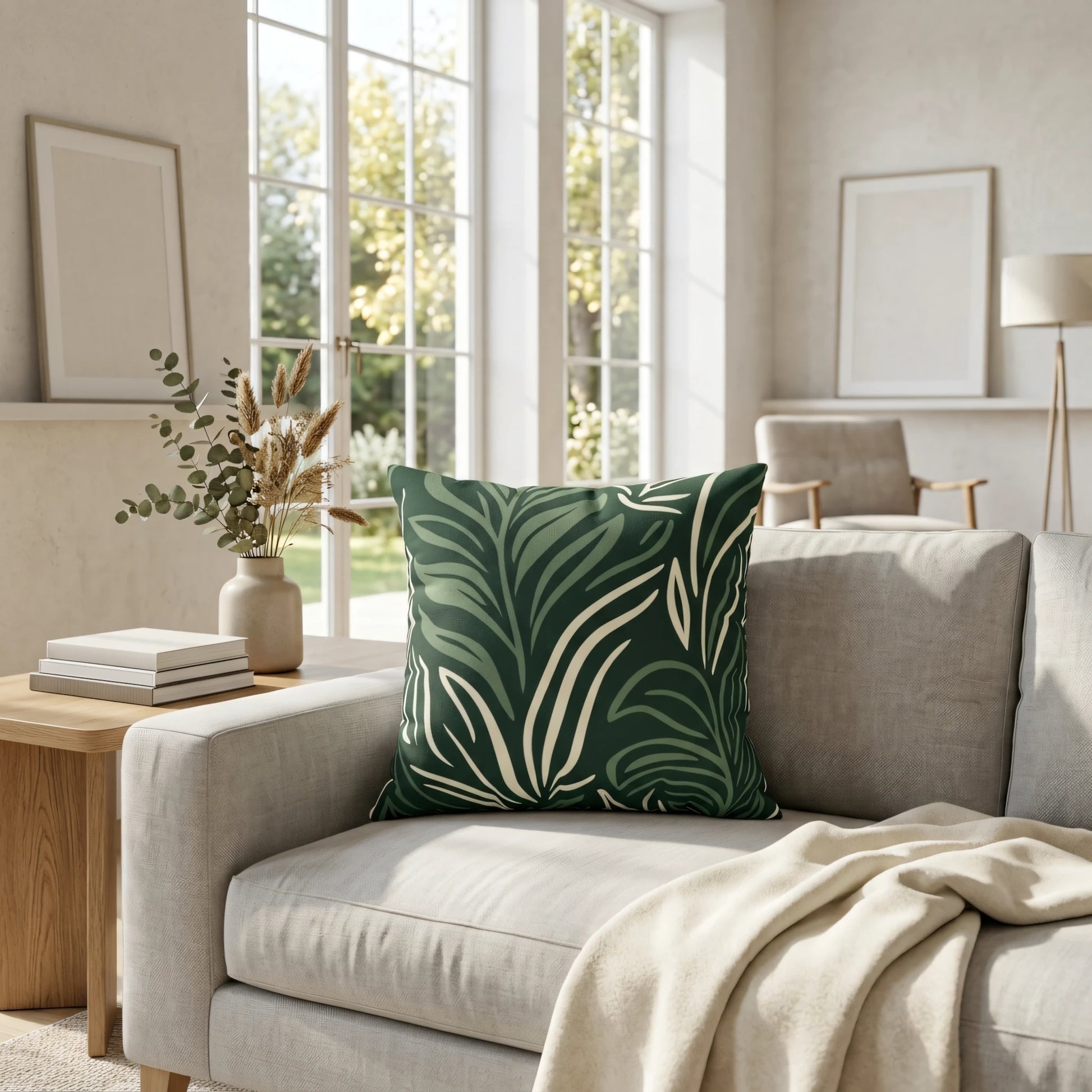 Dark green leaf pattern pillow on a light beige sofa in a bright, sunlit living room with modern decor and large windows.