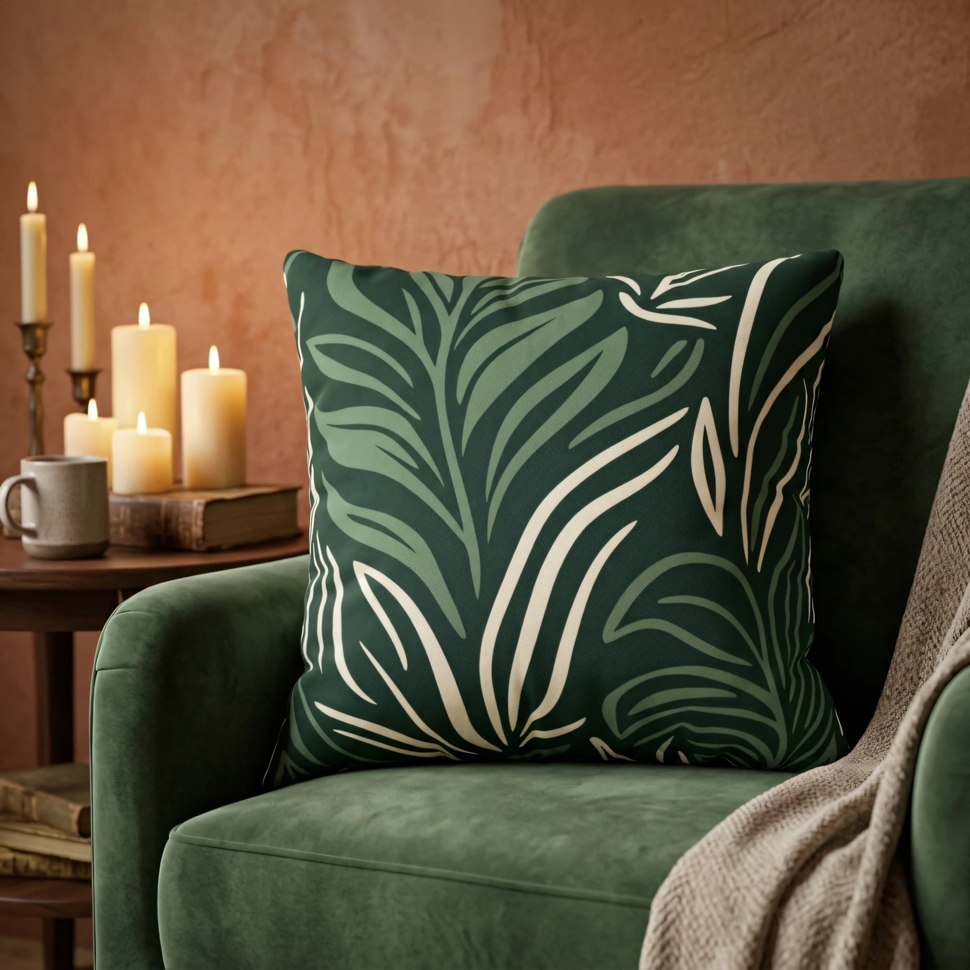 Botanical leaf pattern cushion on a green velvet chair in a cozy living room with lit candles, books, and a textured terracotta wall background.