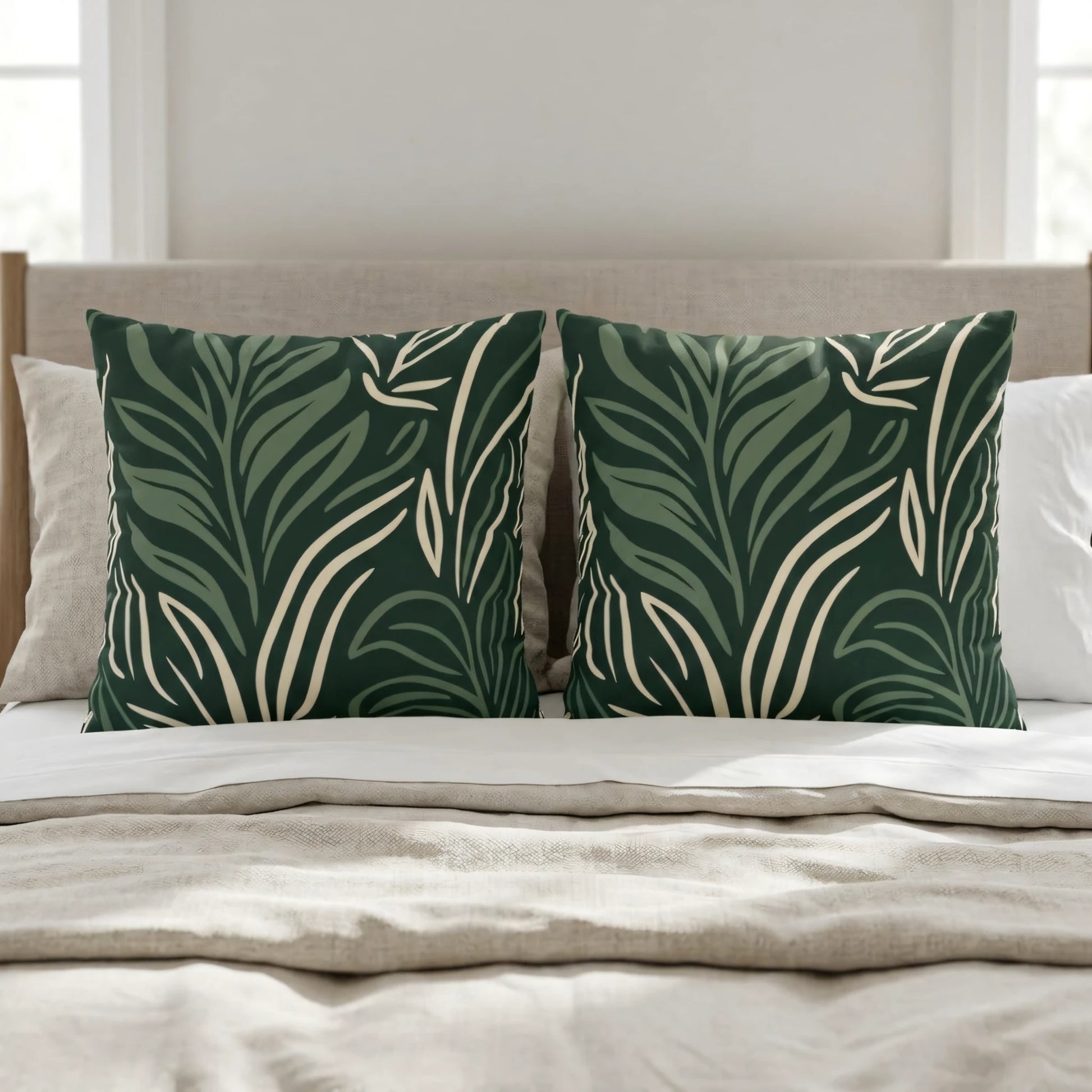 Two dark green tropical leaf pattern cushions on a neutral bed. A bright bedroom scene with beige linens, decorative pillows, and natural sunlight.