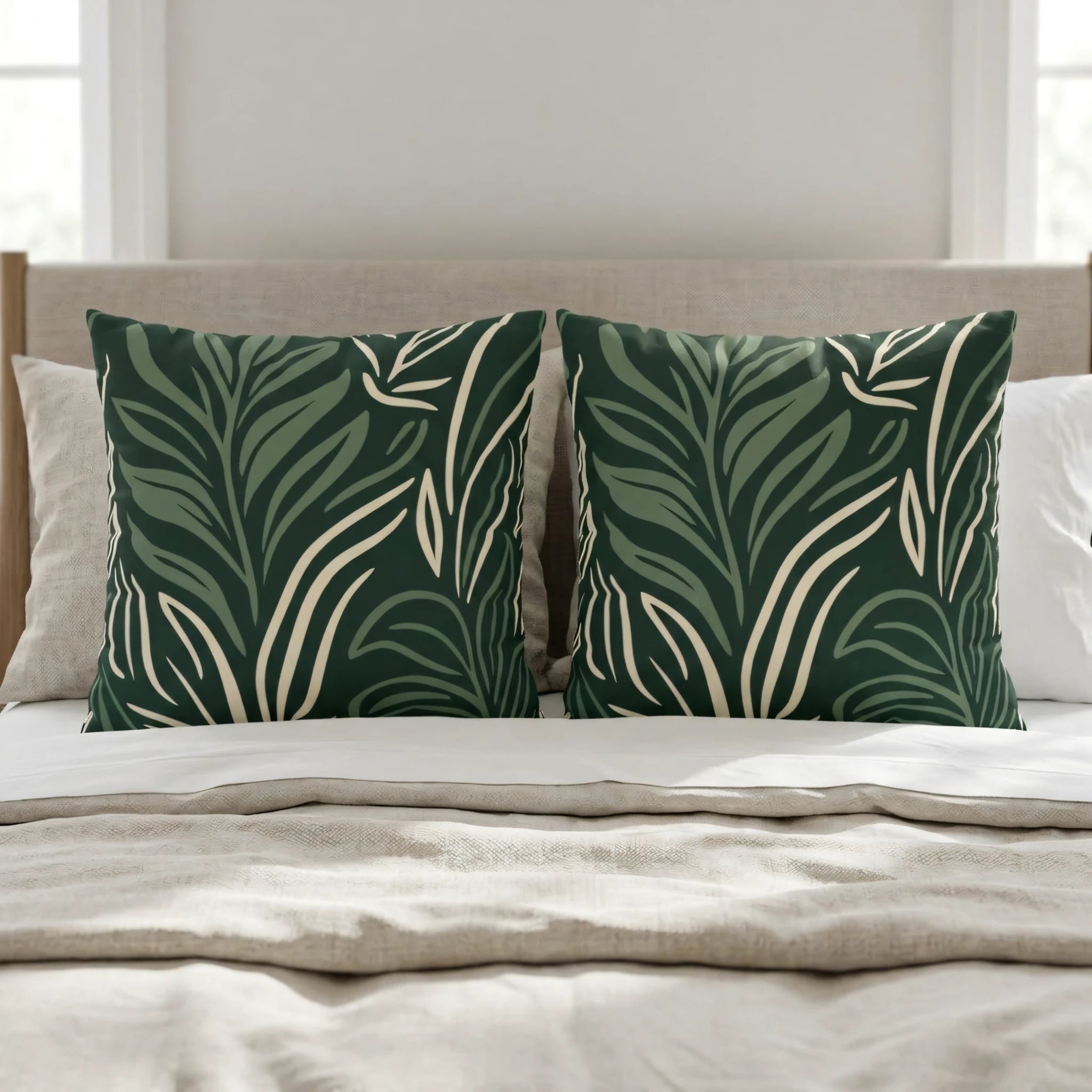 Two dark green tropical leaf pattern cushions on a neutral bed. A bright bedroom scene with beige linens, decorative pillows, and natural sunlight.