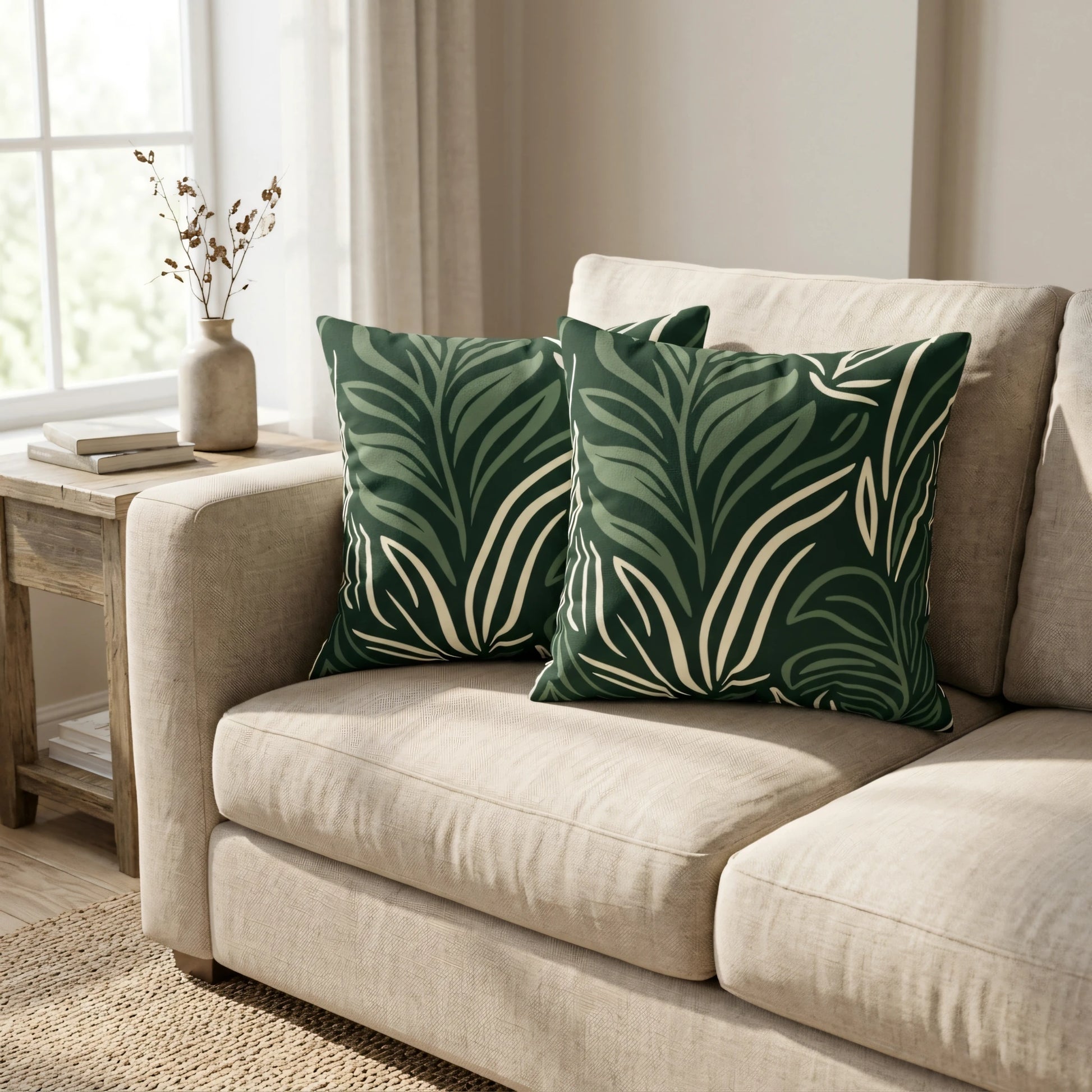 Two green botanical leaf print decorative pillows on a beige fabric sofa in a cozy living room setting with natural light and a side table.