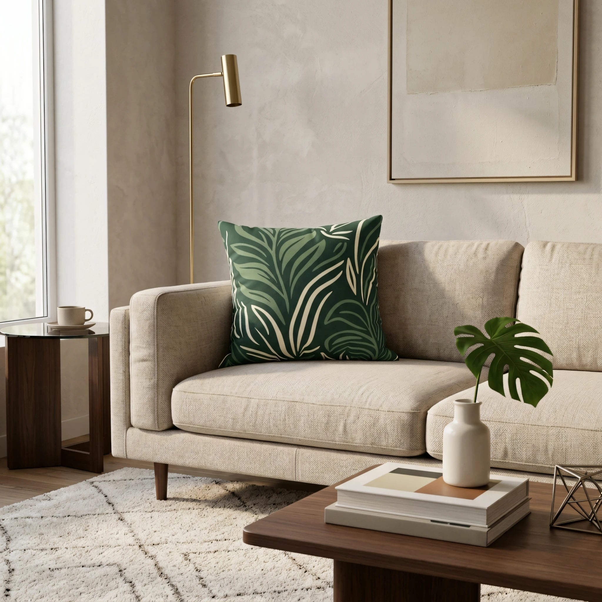 Green cushion with white leaf pattern on a beige sofa in a modern living room setting with a wooden coffee table and warm lighting.
