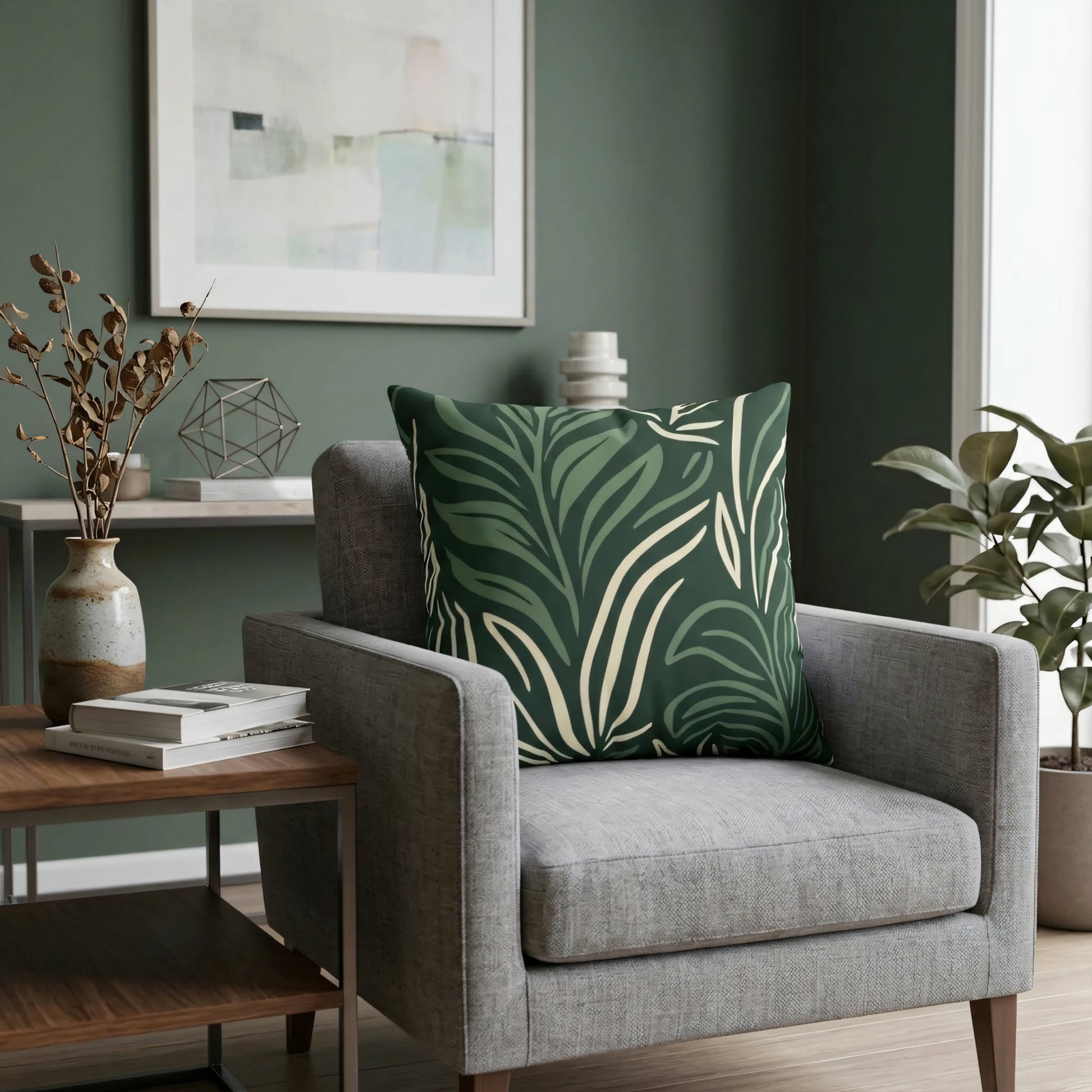 Dark green and cream leaf patterned cushion on a grey armchair in a modern living room with deep green walls and wooden side table accents.