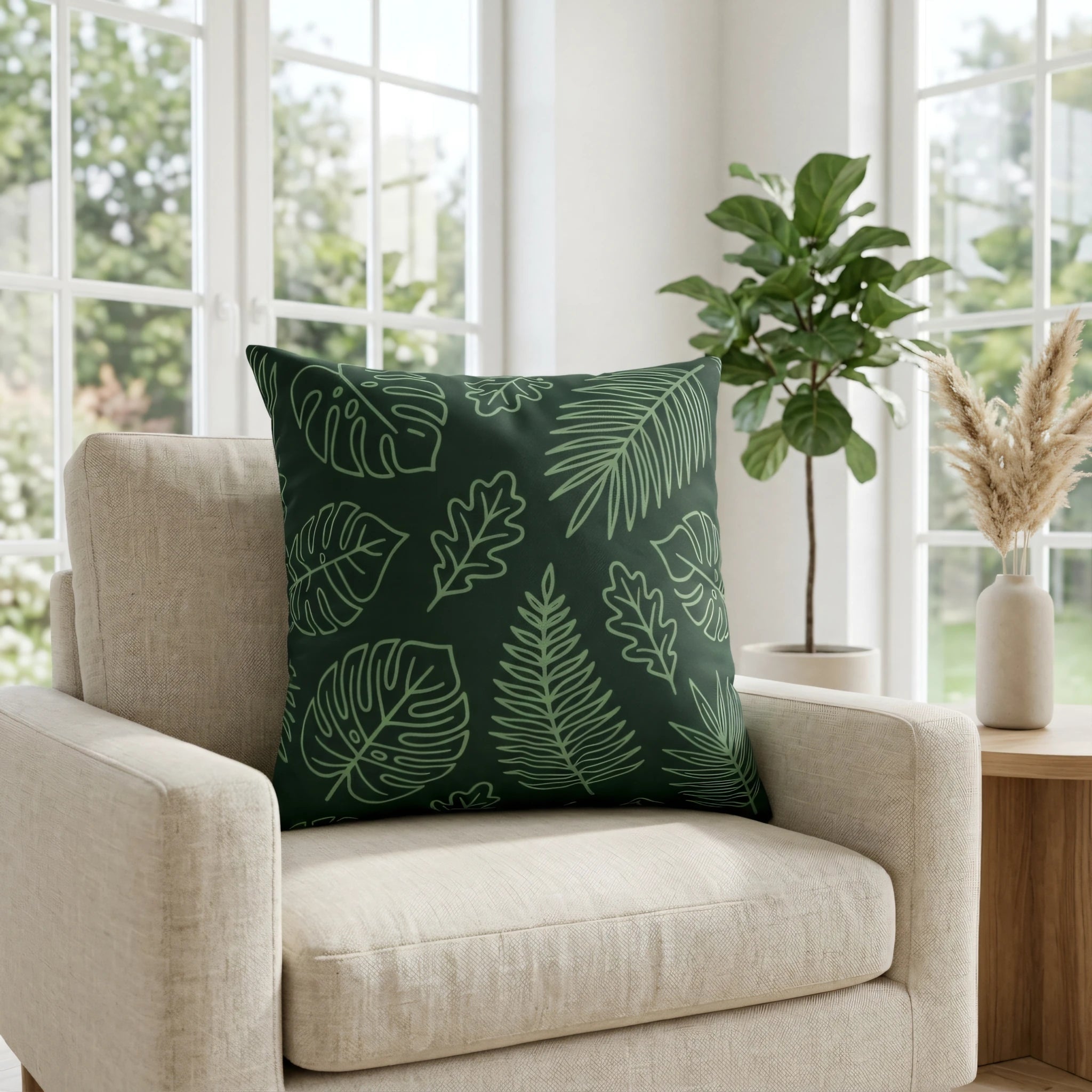 Dark green throw cushion with botanical leaf patterns on a cream armchair in a bright, airy living room with indoor plants and large windows.