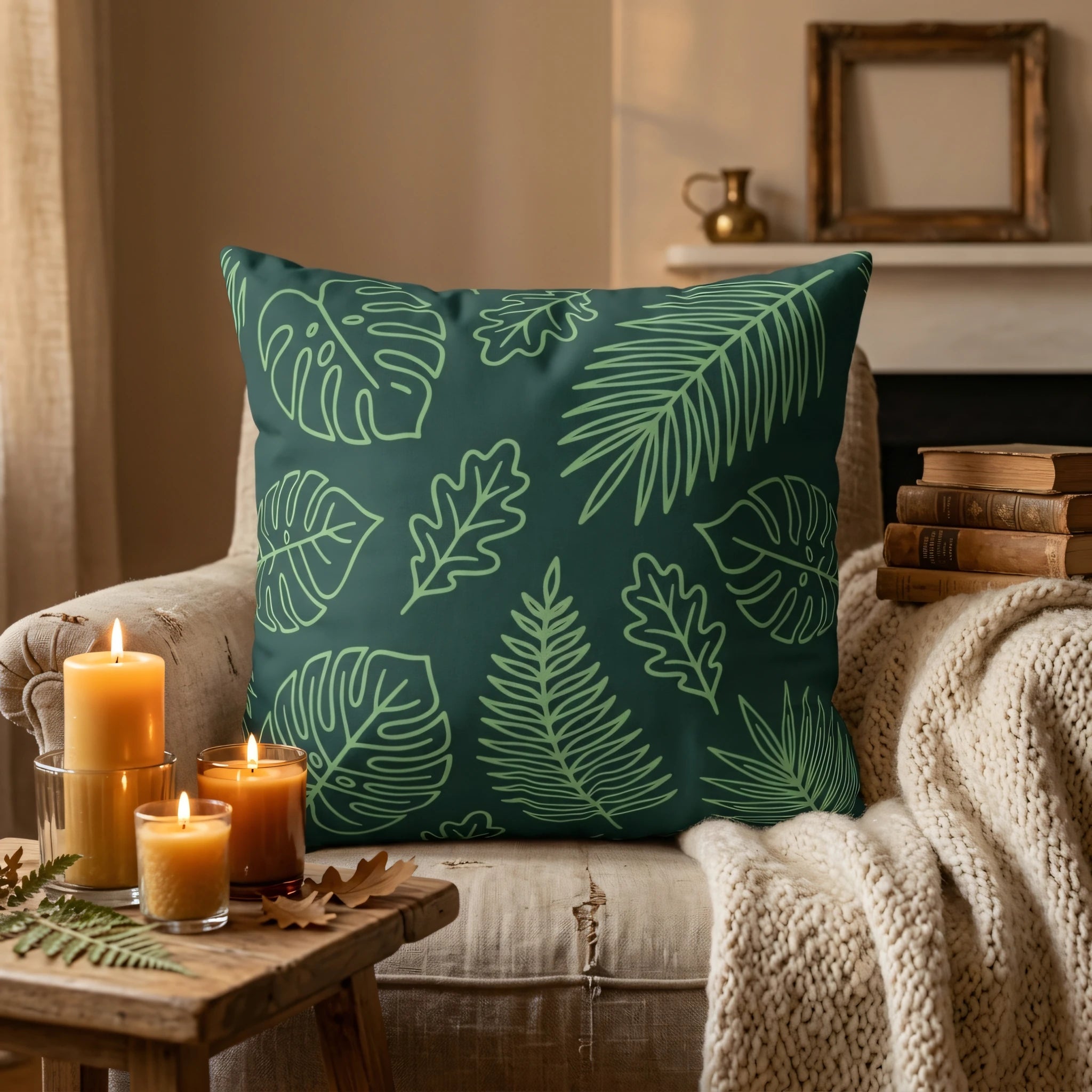 Dark green botanical print cushion featuring monstera and fern leaves on a cozy armchair with warm candles and a white knit throw.