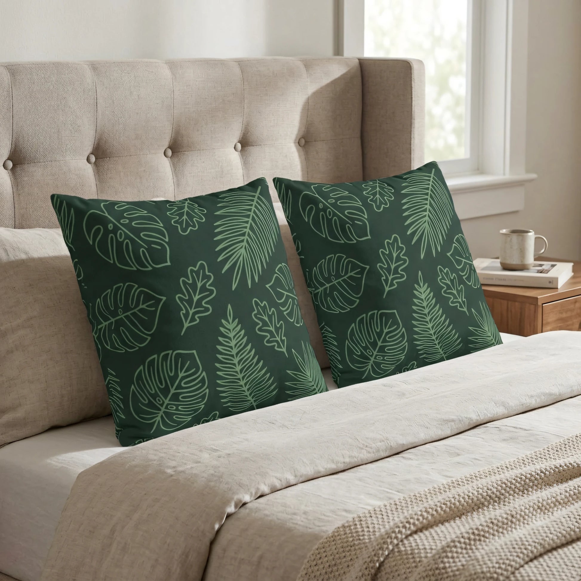 Two dark green botanical pillows with light green leaf patterns on a beige bed with a tufted headboard in a cozy, modern bedroom setting.