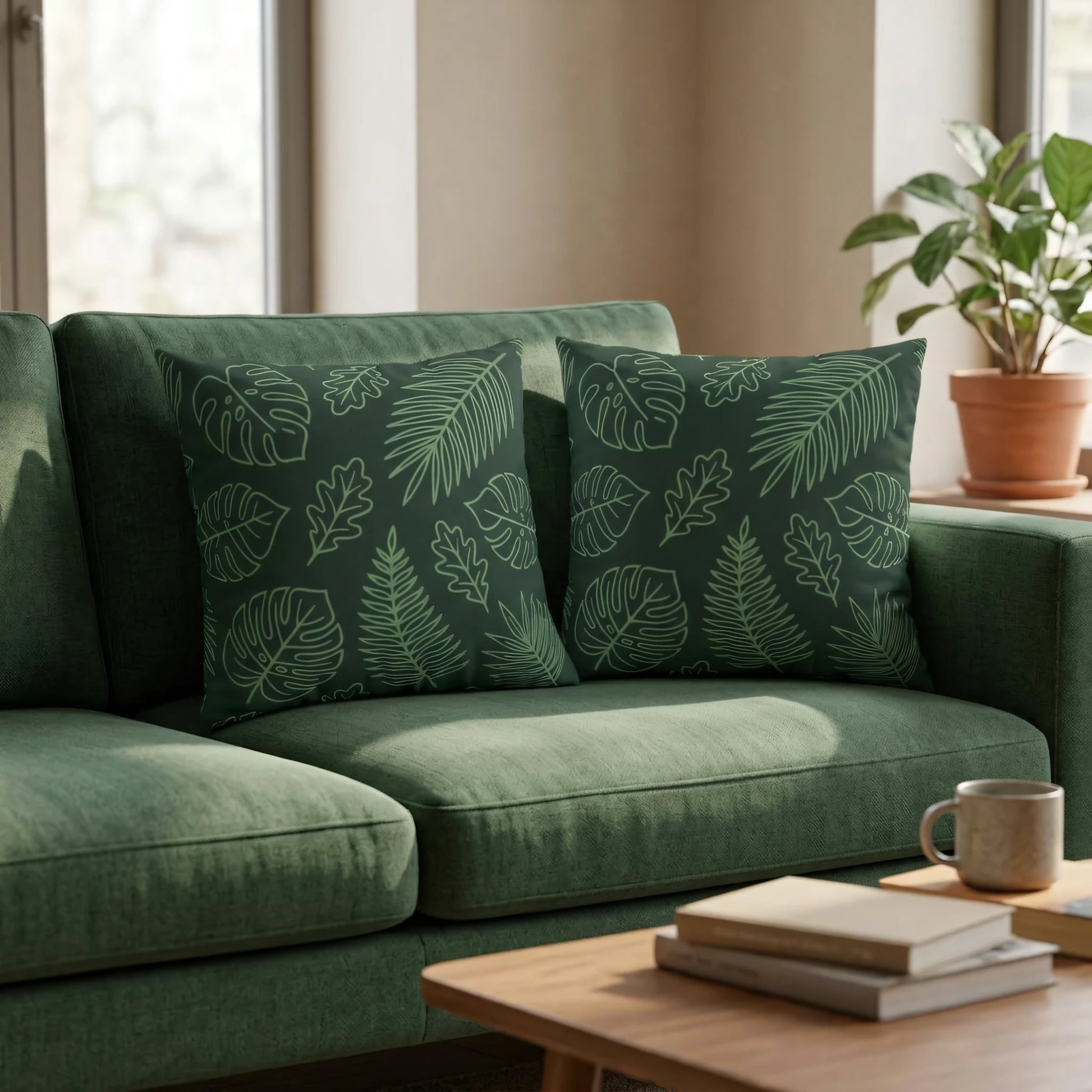 A pair of green cushions featuring botanical leaf patterns on a green sofa in a warm, sunlit living room with a coffee table and books.