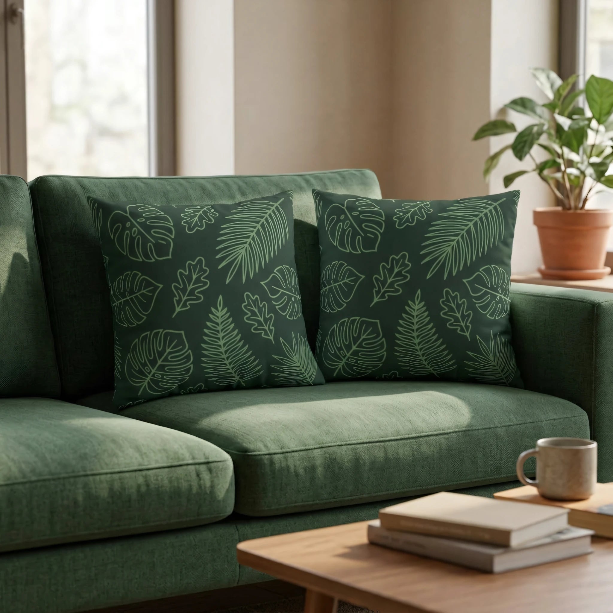 A pair of green cushions featuring botanical leaf patterns on a green sofa in a warm, sunlit living room with a coffee table and books.
