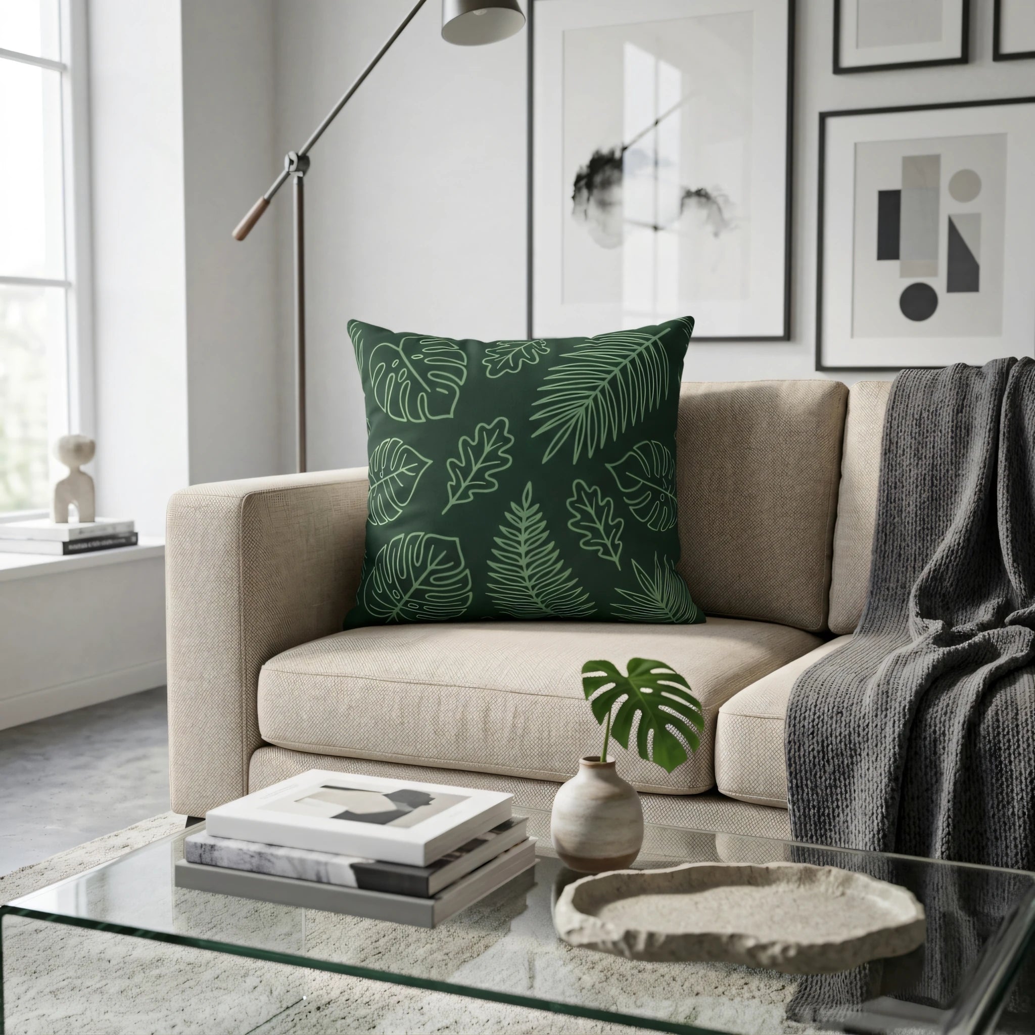 Green tropical leaf pattern pillow on a beige sofa in a modern living room lifestyle setting with a glass coffee table and minimalist decor.
